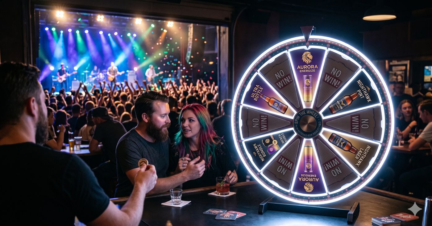 Branded prize wheel at a live music venue
