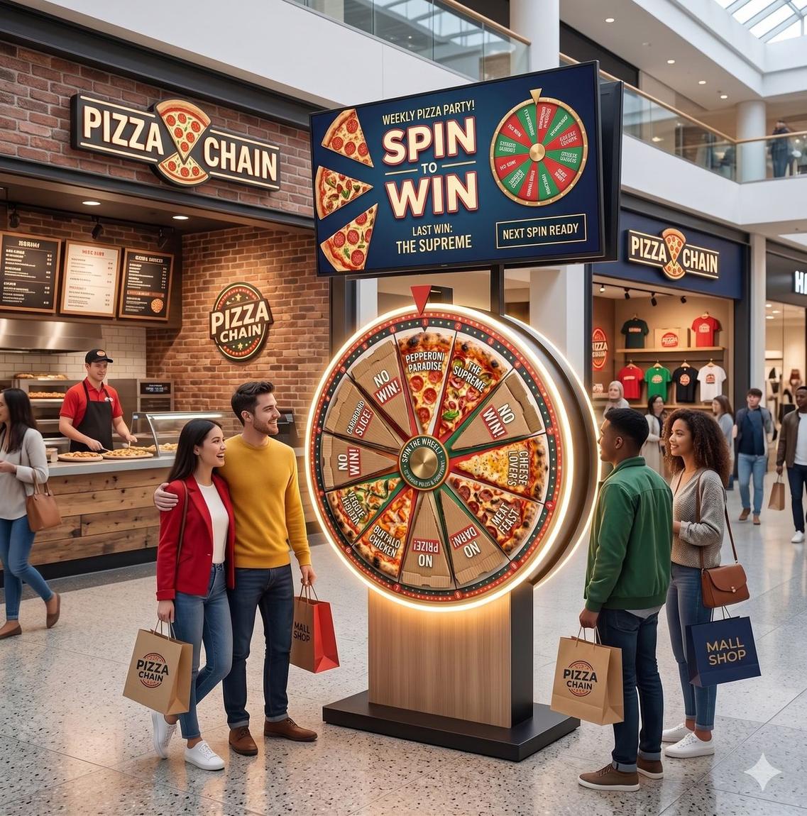 Physical prize wheel activation in a mall
